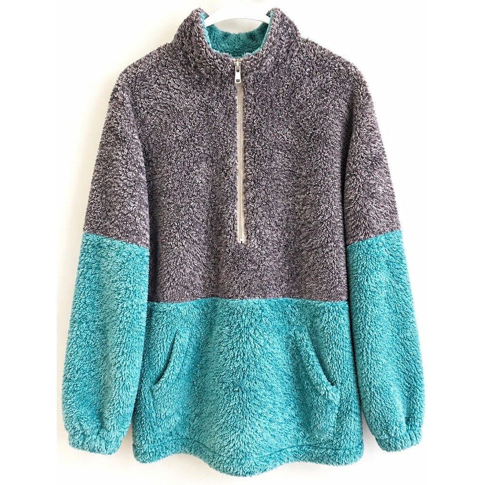 Women's M Gray/Teal Colorblock 1/4 Zip Sherpa Fleece Sweatshirt